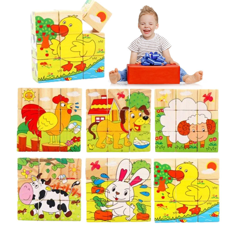 SET 4 ROMPECABEZAS ZZKKO MULTICOLOR CUBOS MADERA ANIMADO NIÑOS LAU - 1