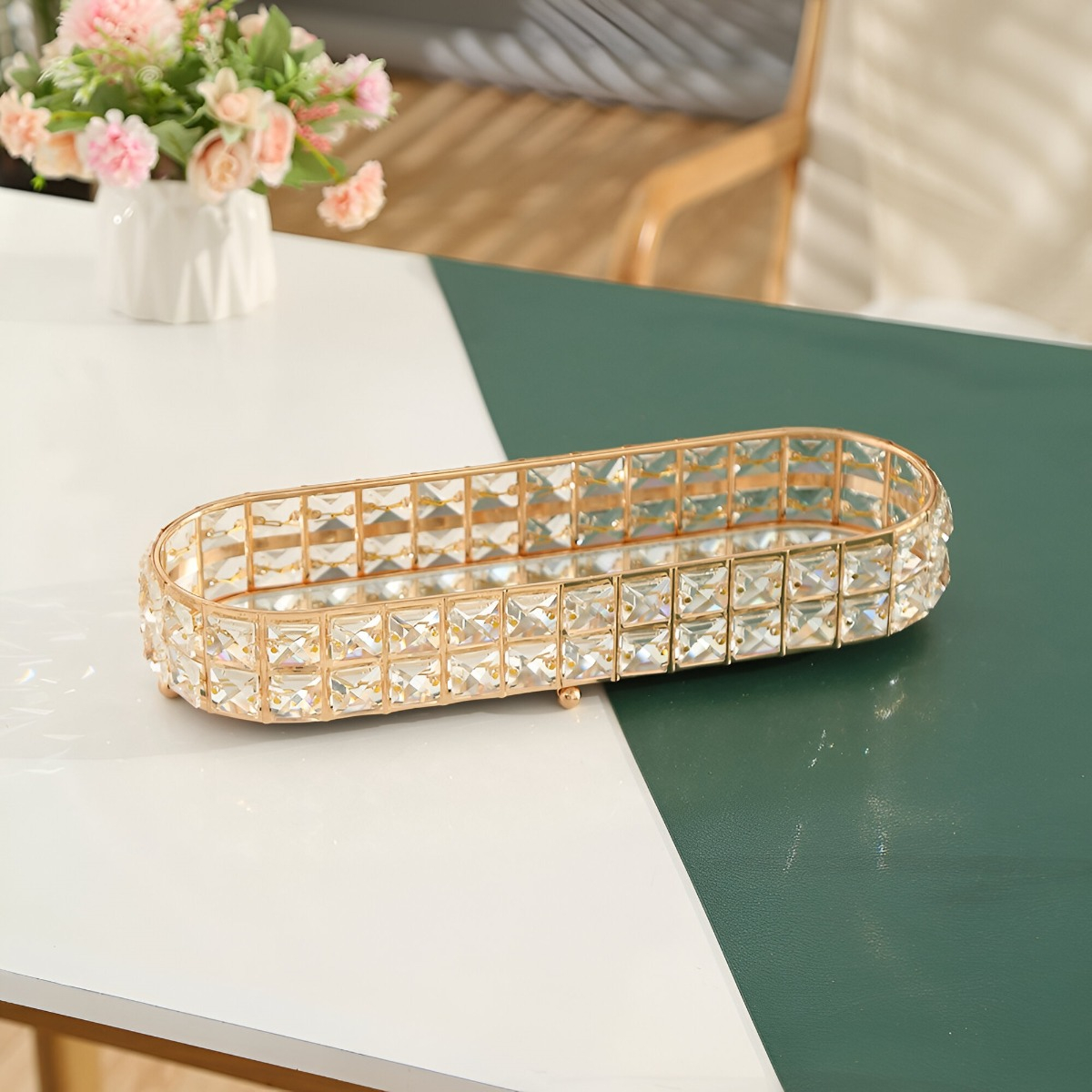 BANDEJA ALMACENAMIENTO DECORATIVA VIDRIO OVALADA DORADA JHN - 6