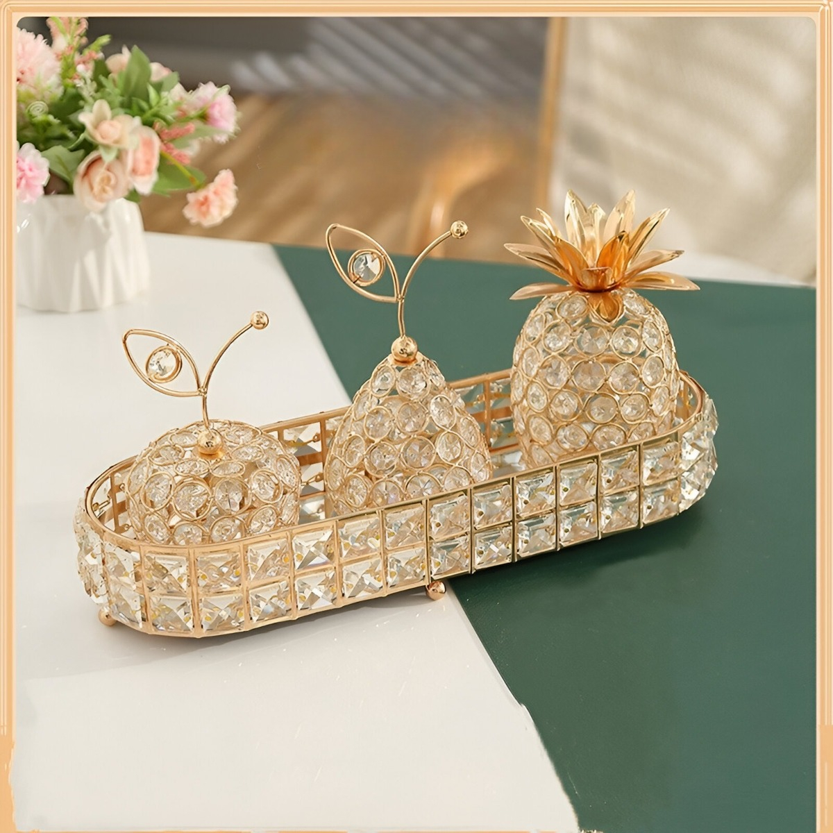 BANDEJA ALMACENAMIENTO DECORATIVA VIDRIO OVALADA DORADA JHN - 8