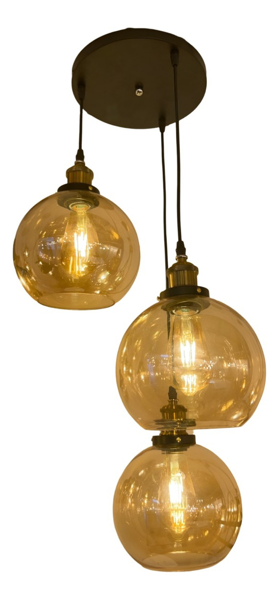 LÁMPARA COLGANTE TECHO VIDRIO SOPLADO AMBAR 3 FOCOS JHN DORADO - 1