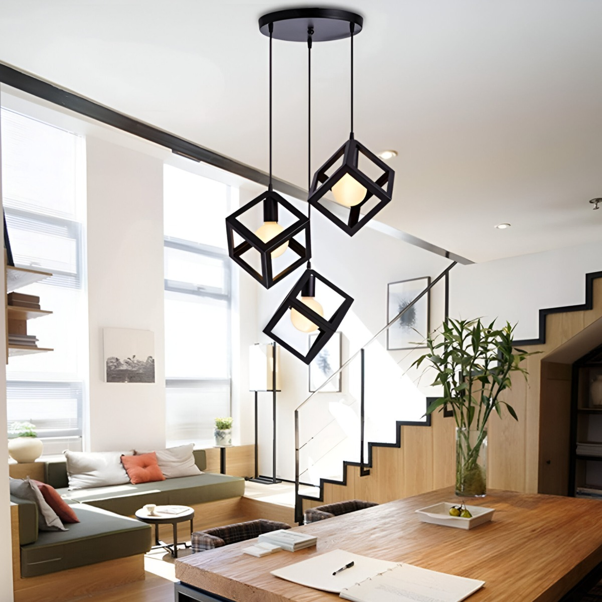 LÁMPARA COLGANTE TECHO LED 3 CUBOS HIERRO E27 JHN NEGRO - 6