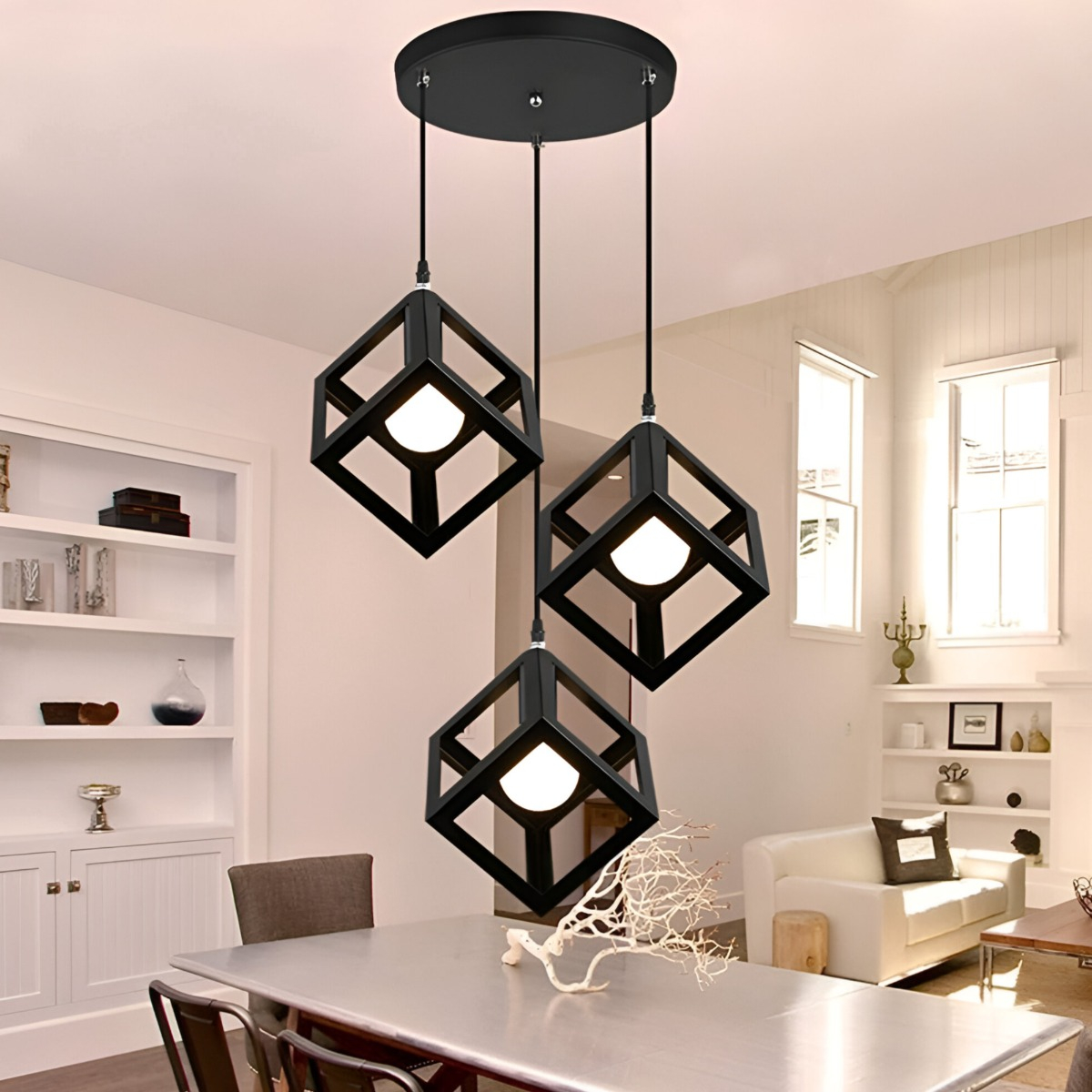 LÁMPARA COLGANTE TECHO LED 3 CUBOS HIERRO E27 JHN NEGRO - 7