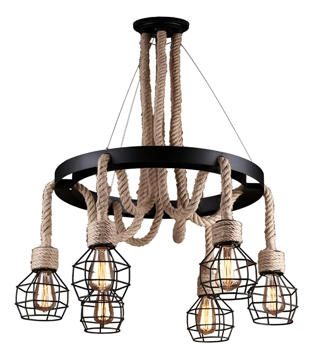 LÁMPARA COLGANTE TECHO CÁÑAMO VINTAGE 8 JAULAS JHN NEGRO - 1