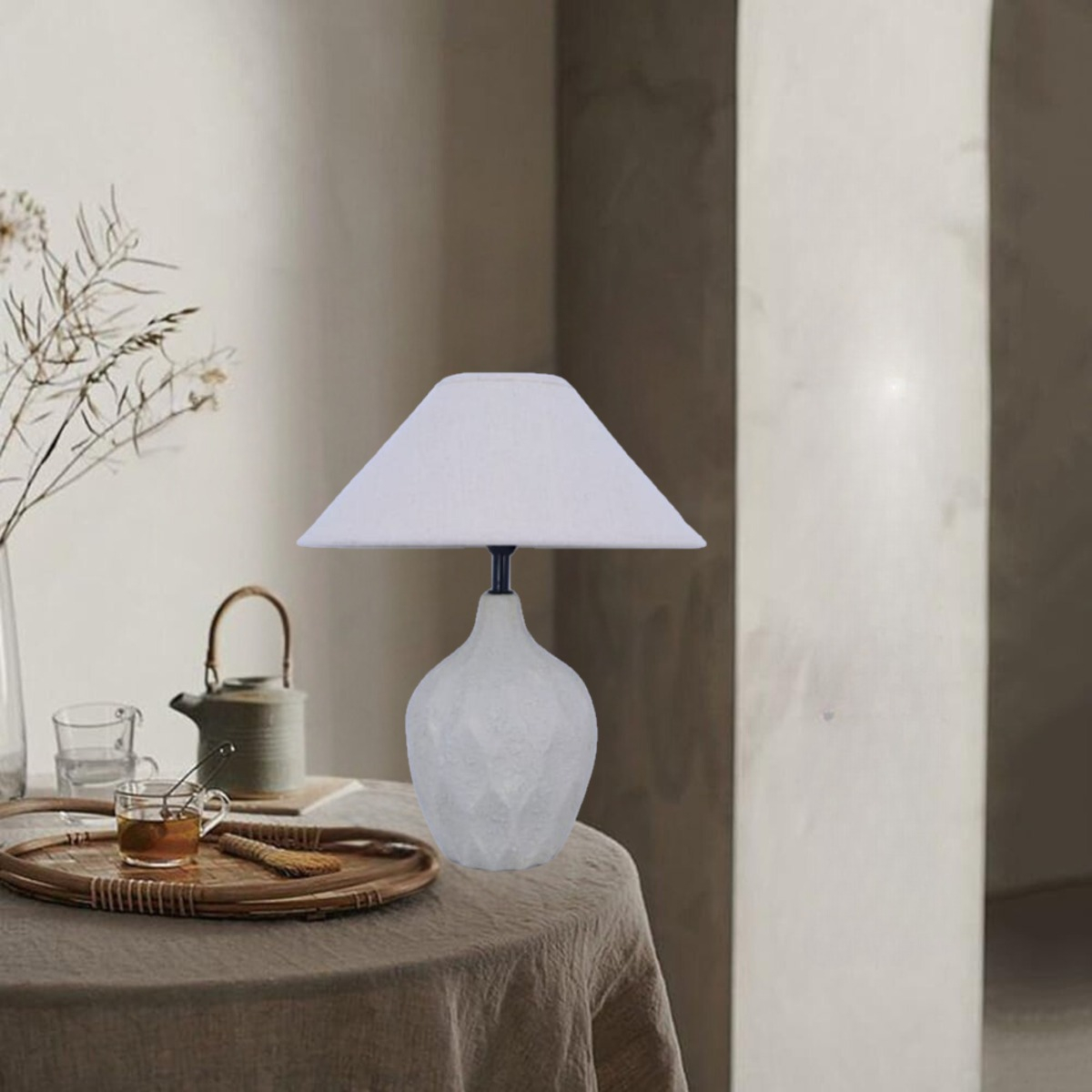 LÁMPARA MESA BASE TEXTURIZADA PANTALLA BEIGE DECORATIVA JHN - 10