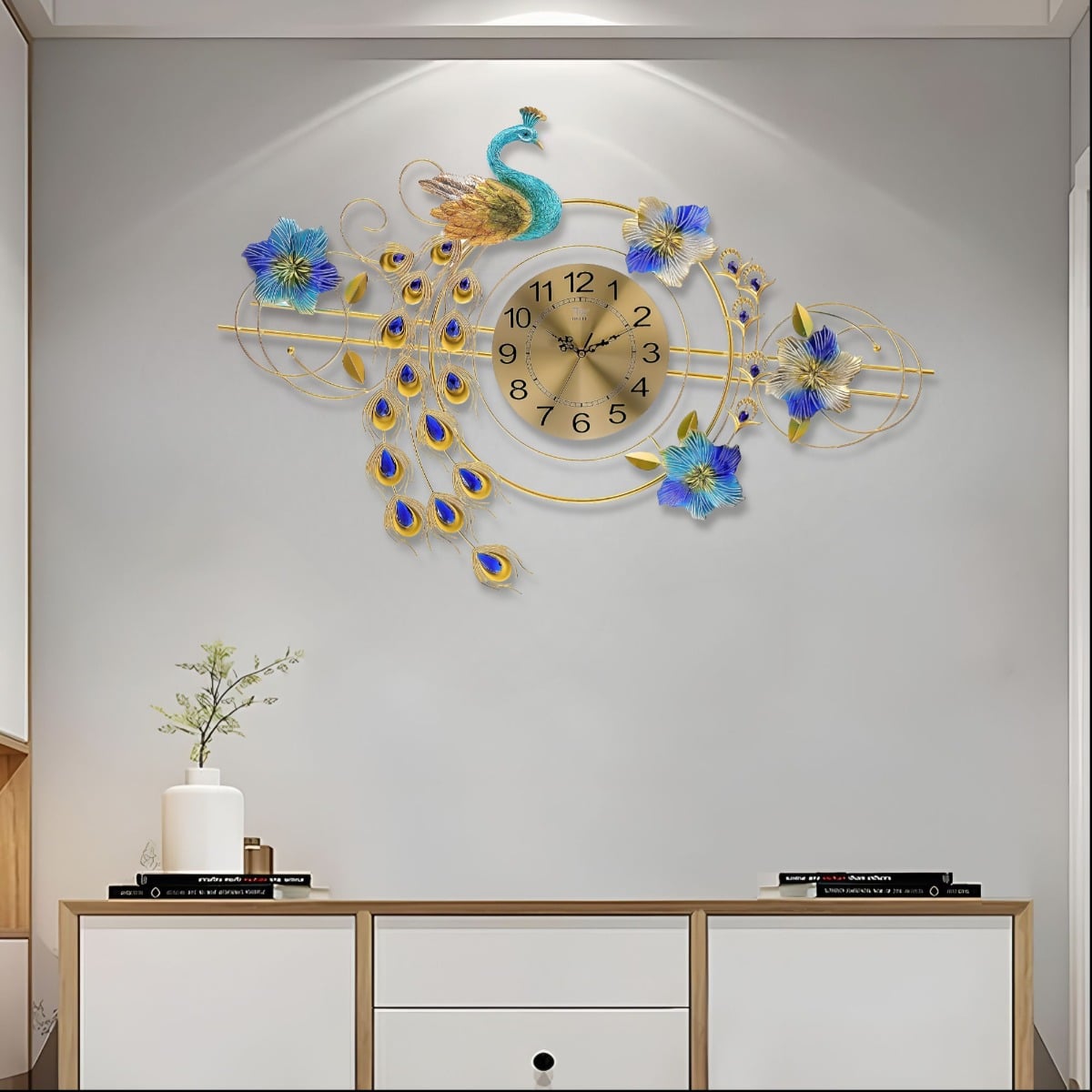 RELOJ PARED 3D DECORATIVO SILENCIOSO PAVO REAL FLORAL JHN - 3