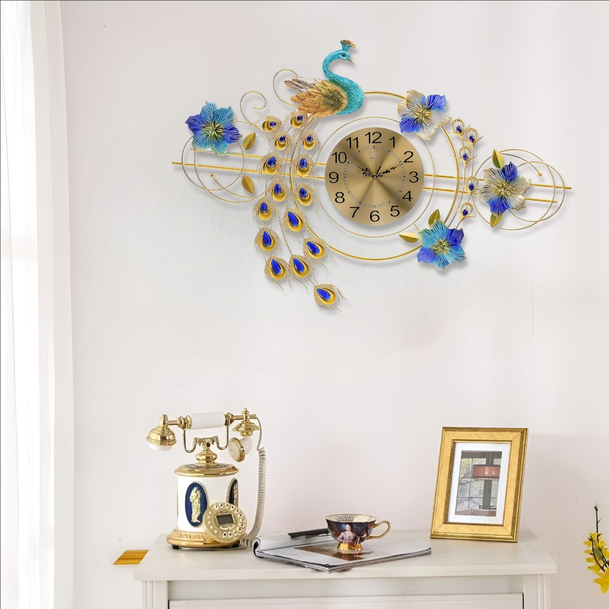 RELOJ PARED 3D DECORATIVO SILENCIOSO PAVO REAL FLORAL JHN - 4