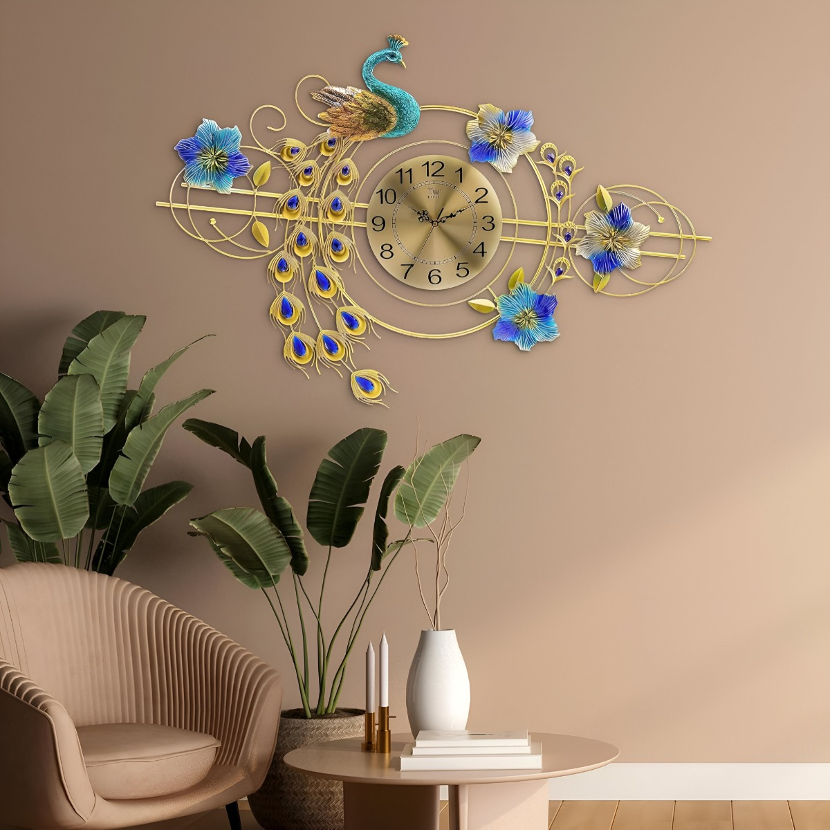 RELOJ PARED 3D DECORATIVO SILENCIOSO PAVO REAL FLORAL JHN - 6