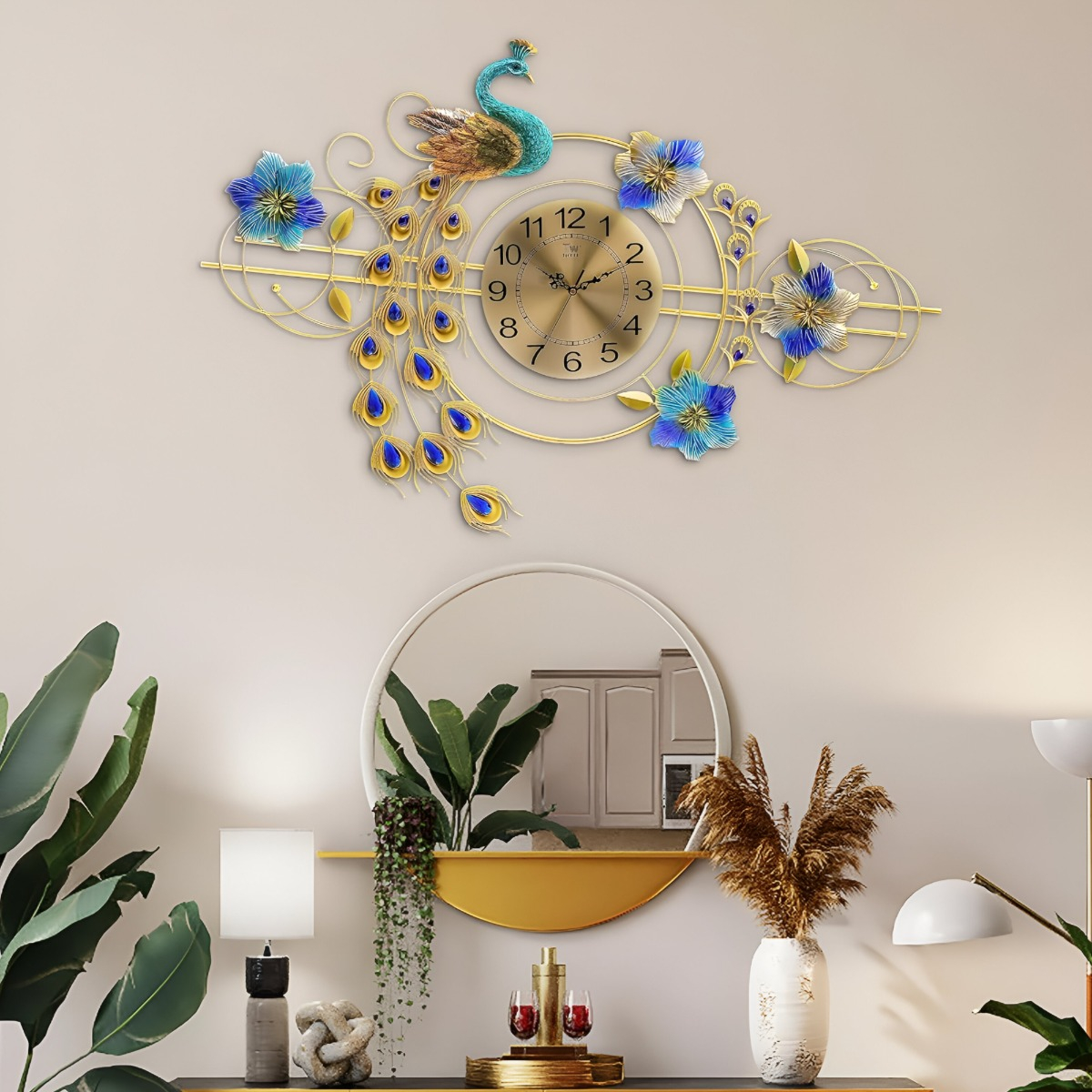 RELOJ PARED 3D DECORATIVO SILENCIOSO PAVO REAL FLORAL JHN - 7