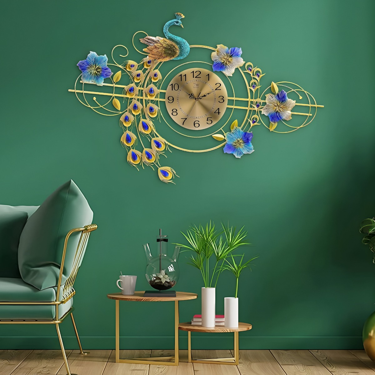 RELOJ PARED 3D DECORATIVO SILENCIOSO PAVO REAL FLORAL JHN - 8
