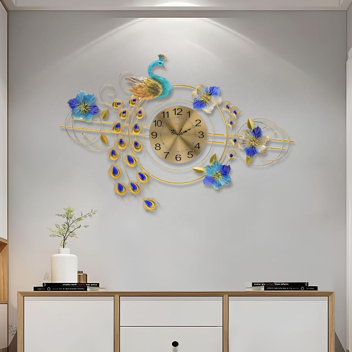 RELOJ PARED 3D DECORATIVO SILENCIOSO PAVO REAL FLORAL JHN - 9