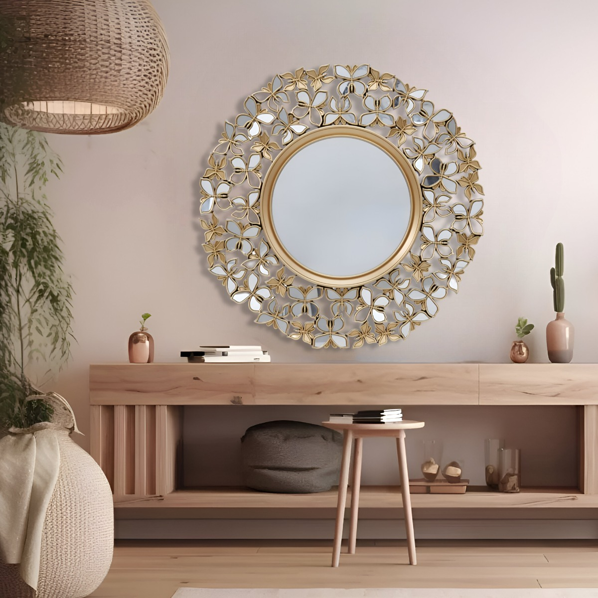 ESPEJO DECORATIVO MARCO DORADO MARIPOSAS REDONDO 60CM JHN - 9