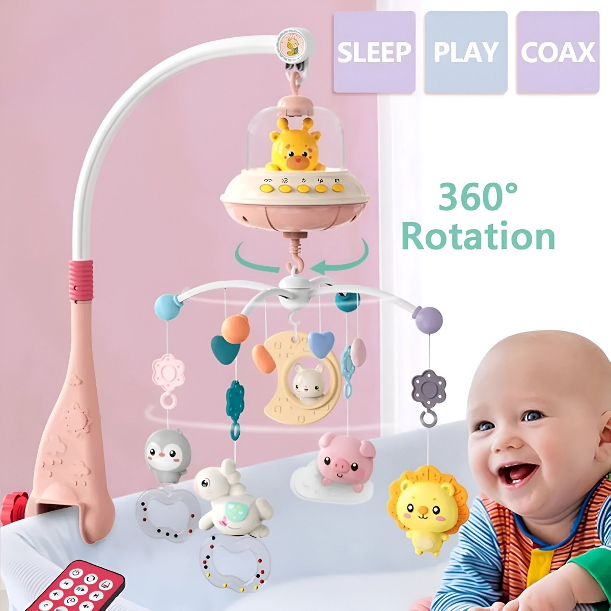 MÓVIL CUNA MULTICOLOR BEBÉ MÚSICA LUCES SONAJERO GIRATORIO COLGANTE JHN - 4