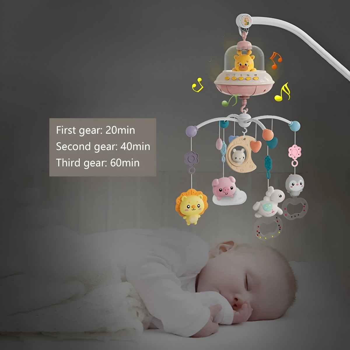 MÓVIL CUNA MULTICOLOR BEBÉ MÚSICA LUCES SONAJERO GIRATORIO COLGANTE JHN - 6