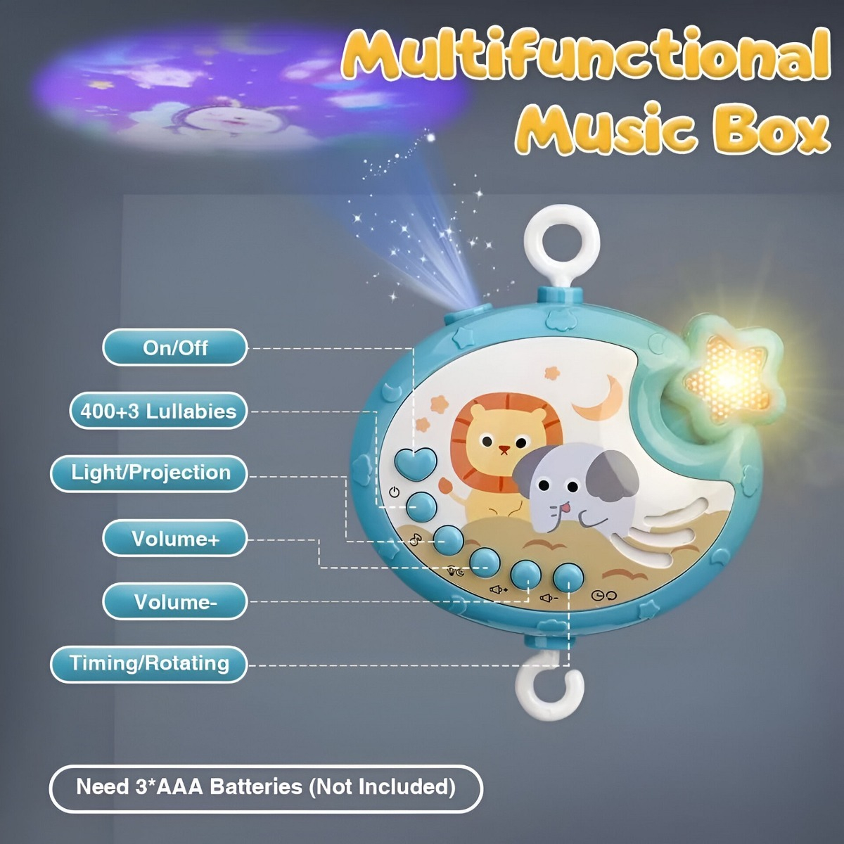 MÓVIL CUNA BEBÉ MULTICOLOR JUGUETES MÚSICA LUCES CARRUSEL PORTÁTIL JHN - 2
