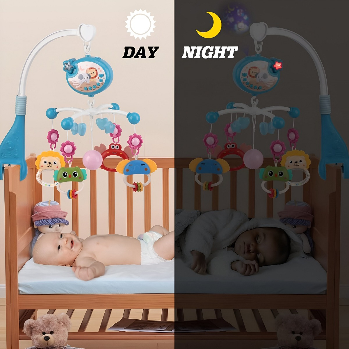 MÓVIL CUNA BEBÉ MULTICOLOR JUGUETES MÚSICA LUCES CARRUSEL PORTÁTIL JHN - 5