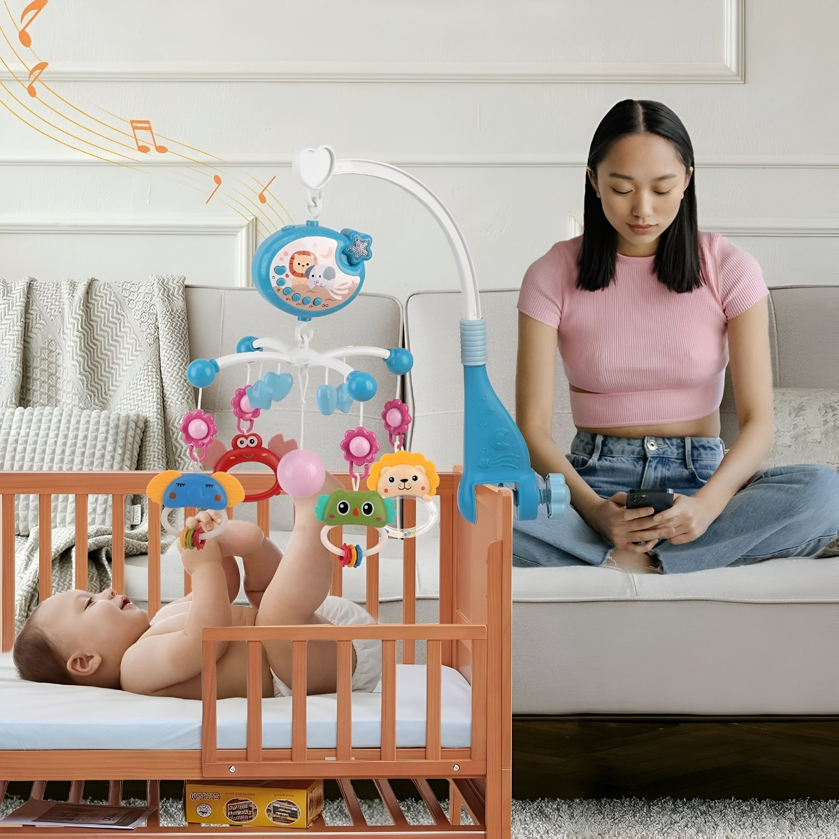 MÓVIL CUNA BEBÉ MULTICOLOR JUGUETES MÚSICA LUCES CARRUSEL PORTÁTIL JHN - 6