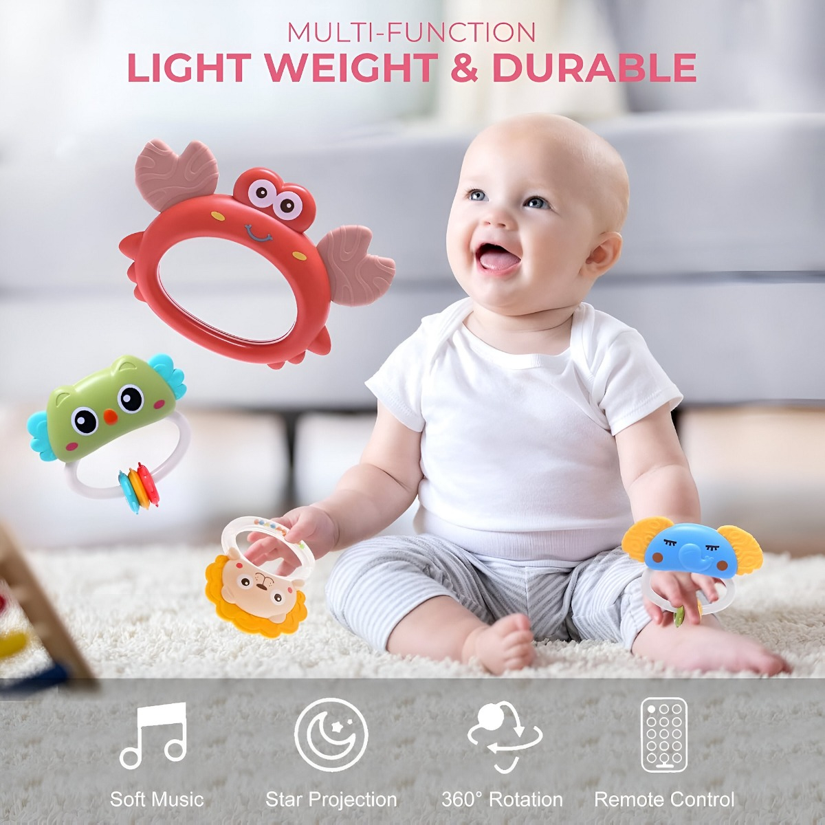 MÓVIL CUNA BEBÉ MULTICOLOR JUGUETES MÚSICA LUCES CARRUSEL PORTÁTIL JHN - 8