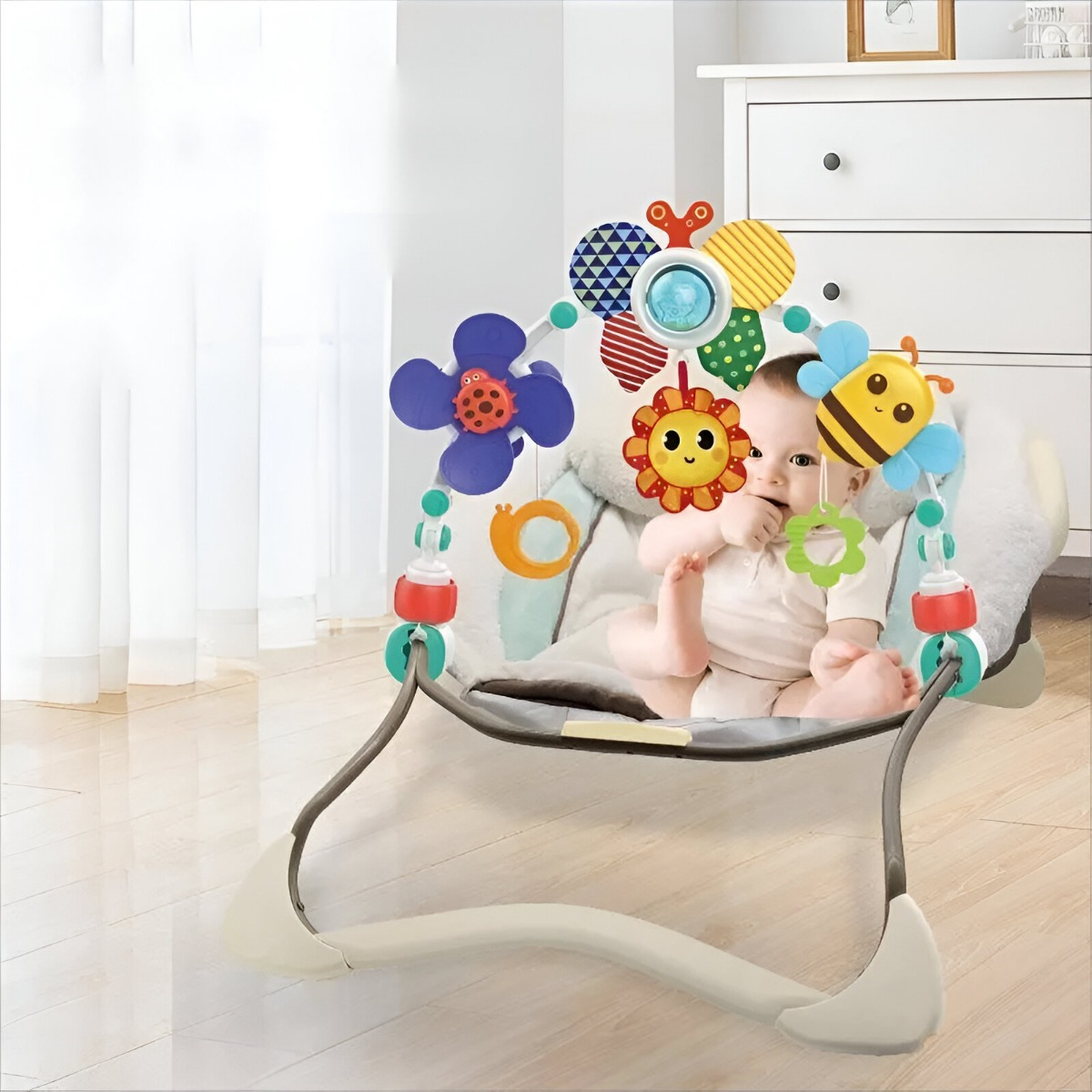 MÓVIL SONAJERO MULTICOLOR ARCO COCHECITO CUNA BEBÉ SENSORIAL JHN - 4