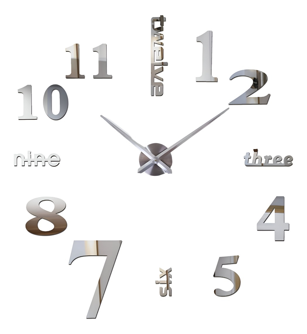 RELOJ PARED 3D GRANDE SIN MARCO DECORACIÓN PLATEADO JHN - 1