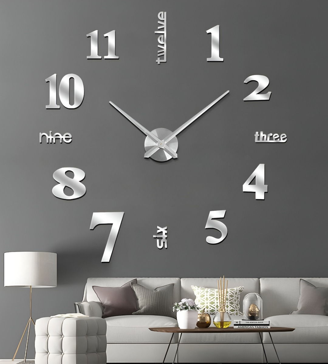 RELOJ PARED 3D GRANDE SIN MARCO DECORACIÓN PLATEADO JHN - 2