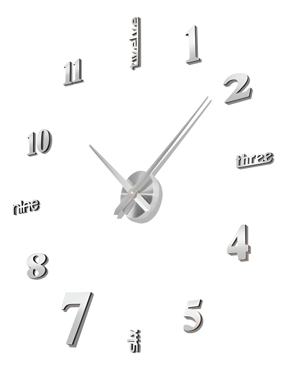 RELOJ PARED 3D GRANDE SIN MARCO DECORACIÓN PLATEADO JHN - 3