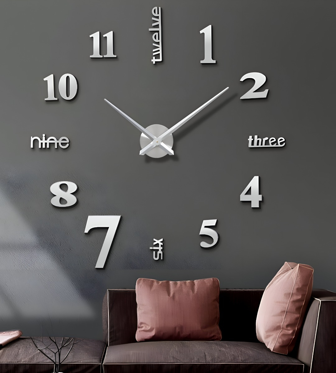 RELOJ PARED 3D GRANDE SIN MARCO DECORACIÓN PLATEADO JHN - 7