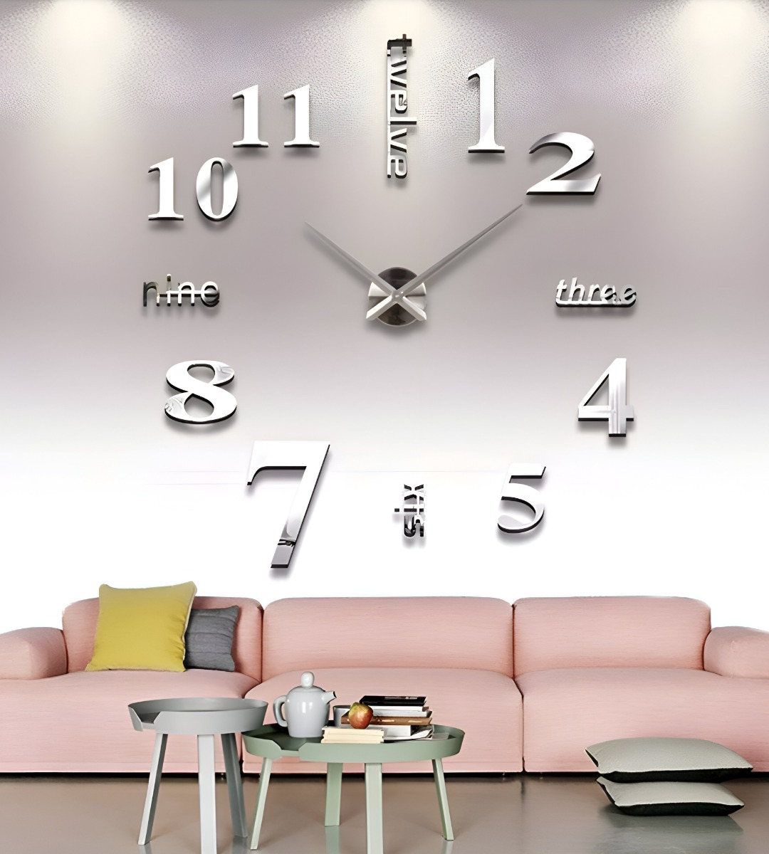 RELOJ PARED 3D GRANDE SIN MARCO DECORACIÓN PLATEADO JHN - 8