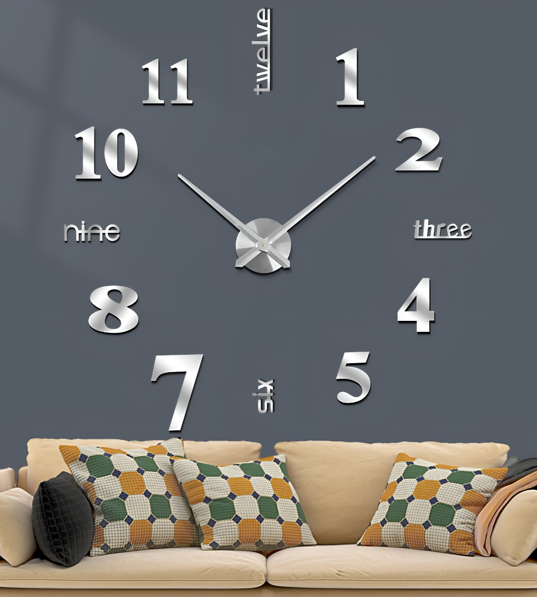 RELOJ PARED 3D GRANDE SIN MARCO DECORACIÓN PLATEADO JHN - 9