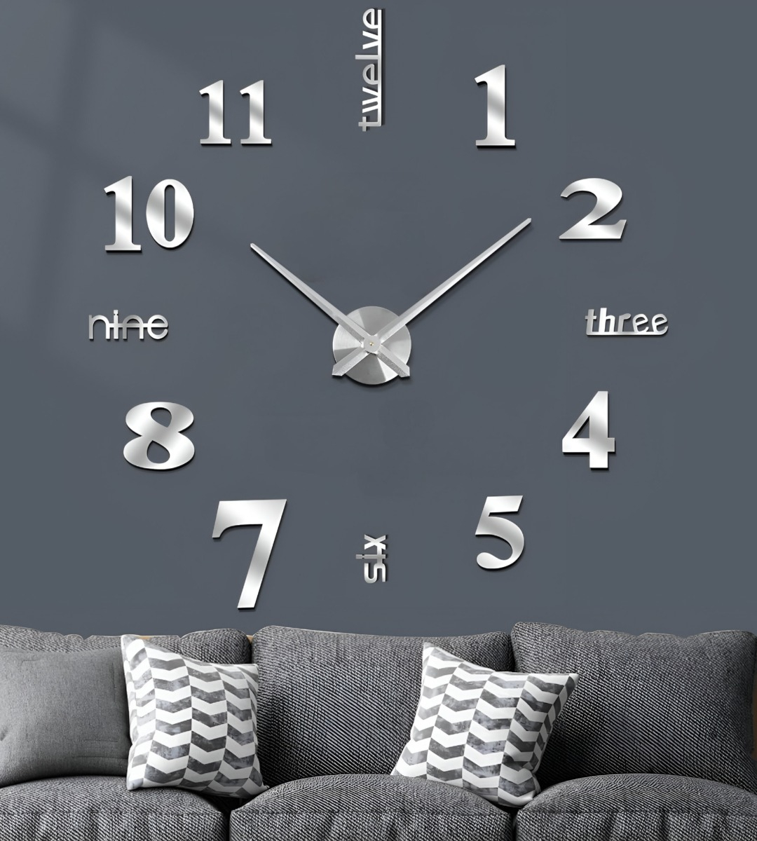 RELOJ PARED 3D GRANDE SIN MARCO DECORACIÓN PLATEADO JHN - 10