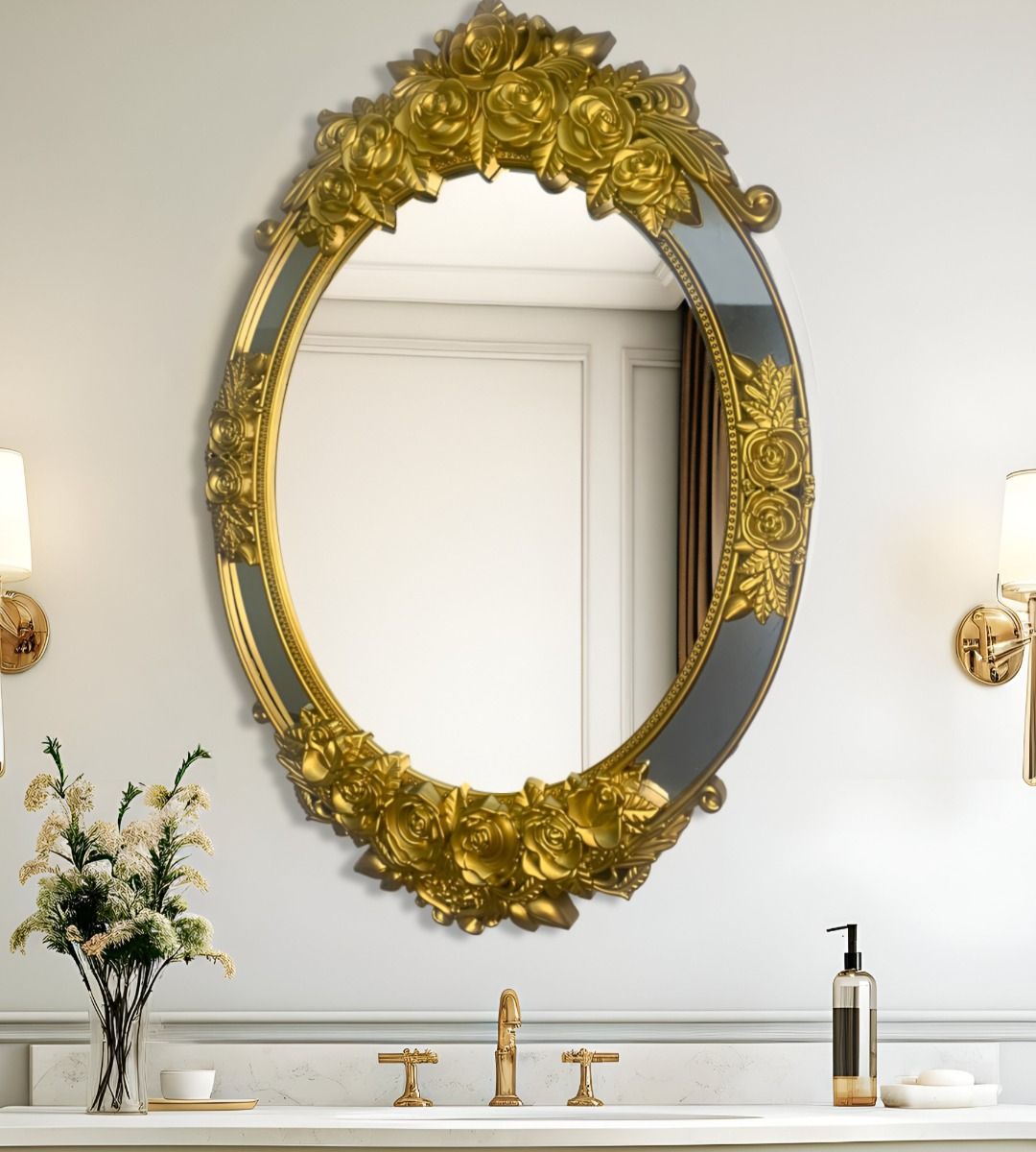 ESPEJO OVALADO PARED GRANDE COLGAR DECORATIVO DORADO JHN - 3