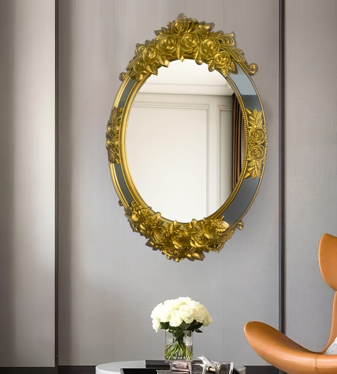 ESPEJO OVALADO PARED GRANDE COLGAR DECORATIVO DORADO JHN - 9