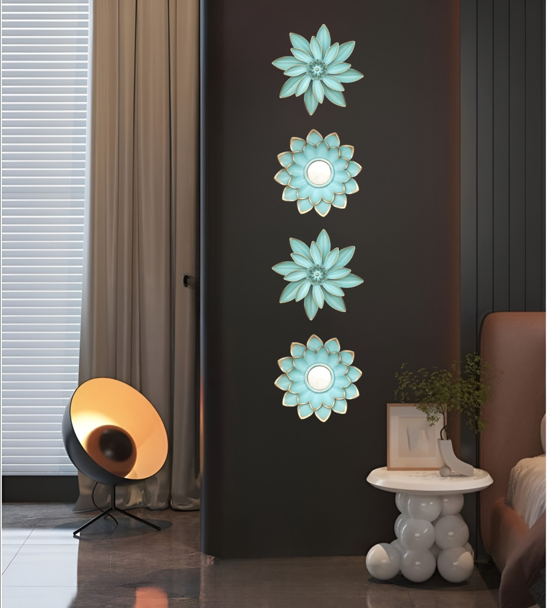 SET 4 ESPEJOS Y FLORES DE LOTO DECORATIVOS TURQUESA JHN - 8