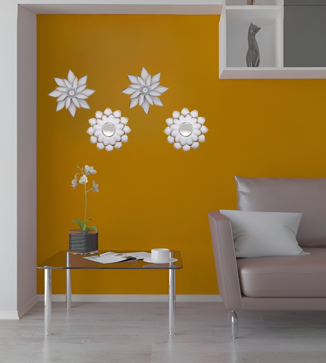SET 4 ESPEJOS Y FLORES DE LOTO DECORATIVOS BLANCO JHN - 7
