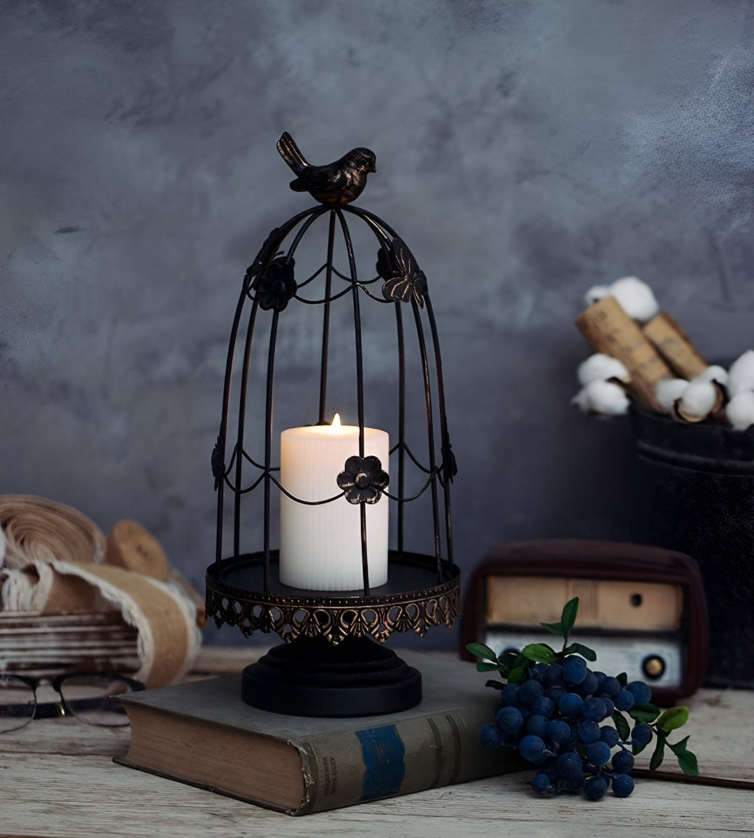 PORTAVELAS MULTIFUNCIÓN DECORATIVO JAULA PÁJAROS 36CM JHN - 10