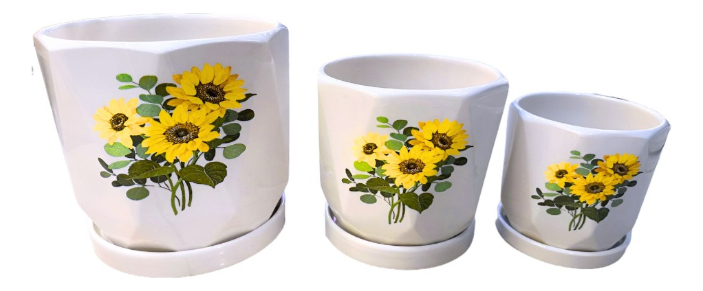 SET 3 MACETAS GIRASOL CERÁMICA PLANTAS JARDÍN DECORACIÓN JHN - 3