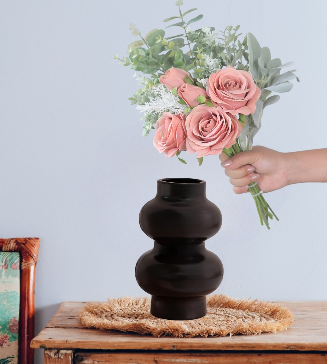 JARRÓN FLORERO DECORACIÓN HOGAR CERÁMICA MODERNO NEGRO JHN - 4