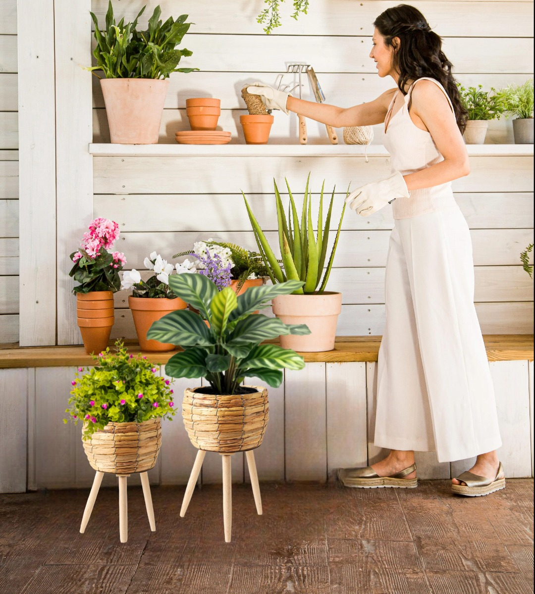 SET MACETAS DECORATIVAS TEJIDO PAJA PLANTAS FLORES JHN - 4