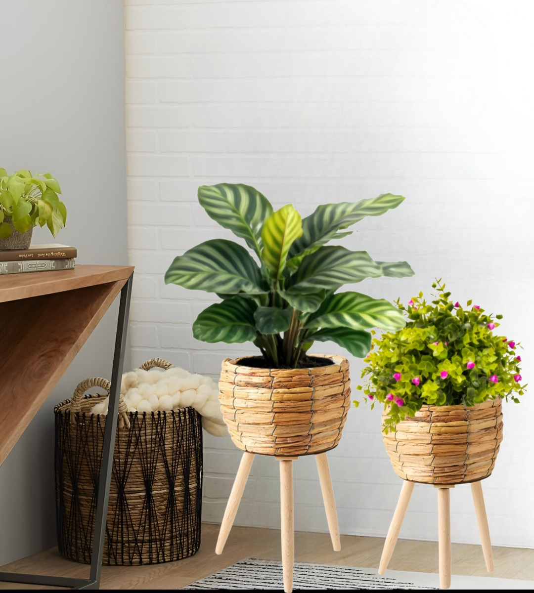 SET MACETAS DECORATIVAS TEJIDO PAJA PLANTAS FLORES JHN - 8
