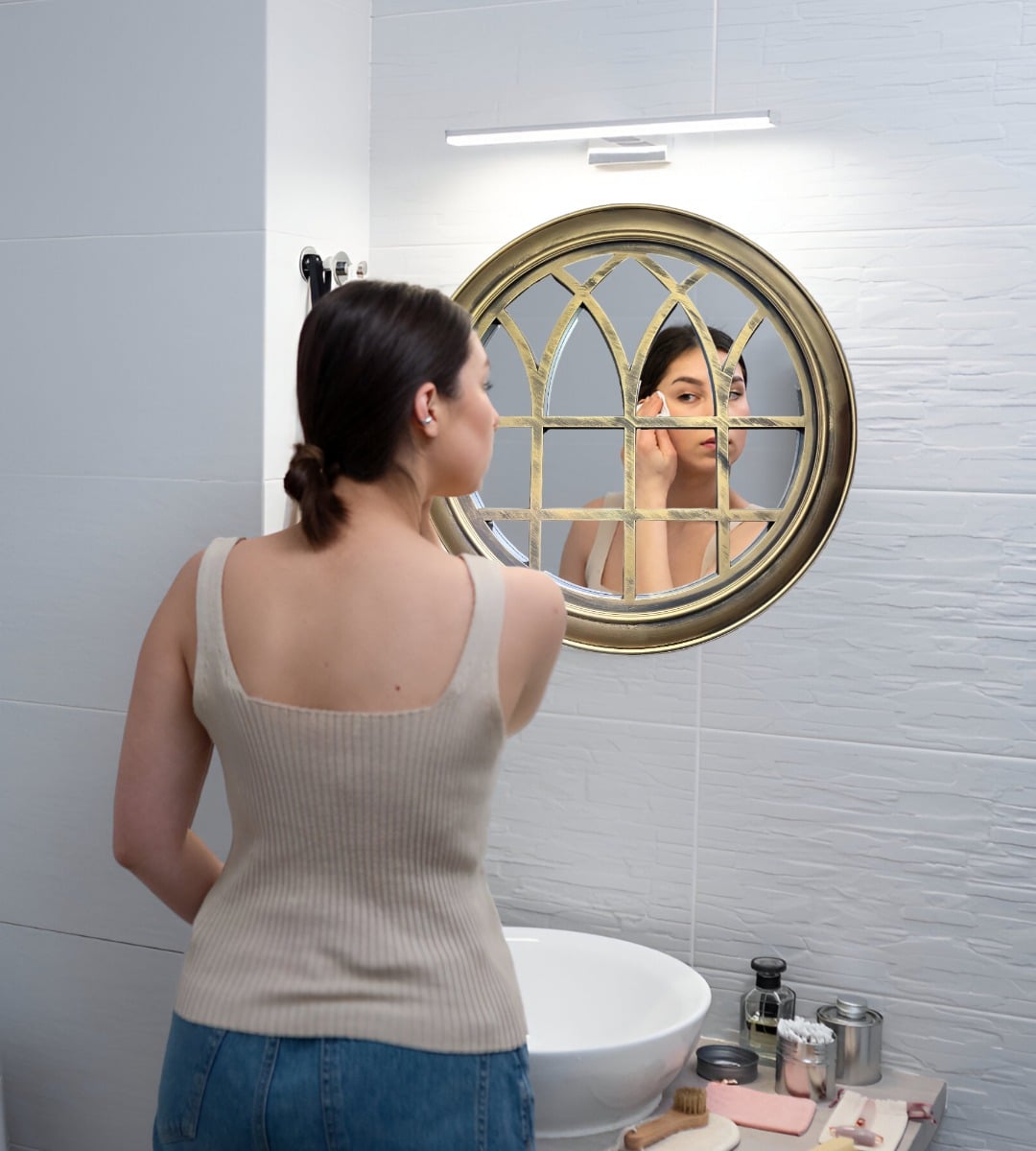 ESPEJO DECORATIVO DORADO CIRCULAR VENTANA ELEGANTE JHN - 3