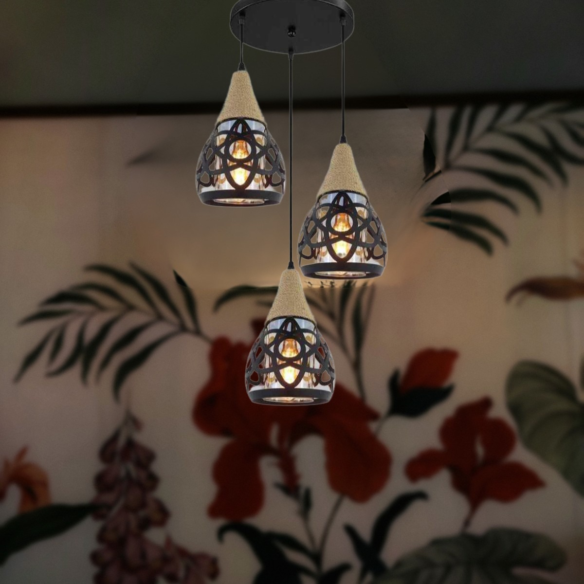 LAMPARA COLGANTE MODERNA 3 LUCES CUERDA CAÑO HOGAR LAU - 2