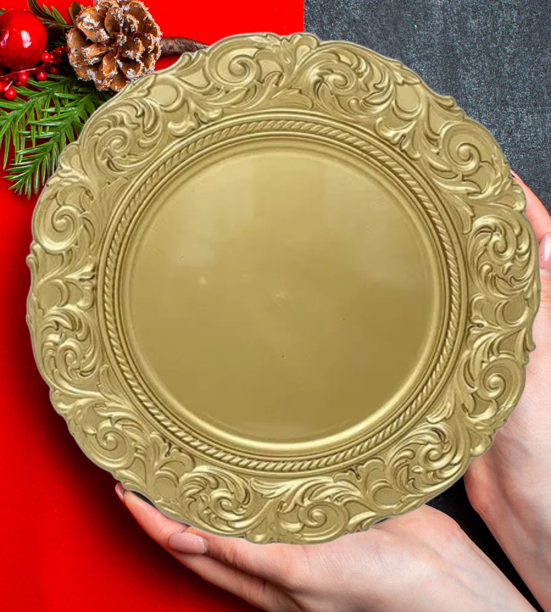 SET 3 PLATO BASE BORDE RELIEVE DECORATIVO ELEGANTE JHN - 5