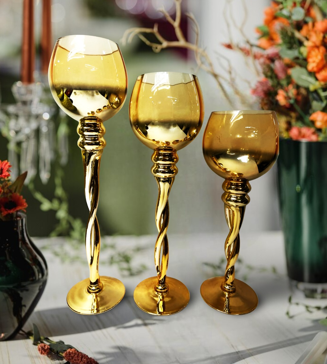 JUEGO 3 PORTAVELAS DECORATIVO COPAS ROMÁNTICA HOGAR JHN - 8