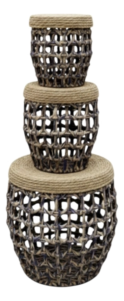 SET 3 TABURETES AUXILIARES DECORATIVOS ESTILO NATURAL JHN - 1