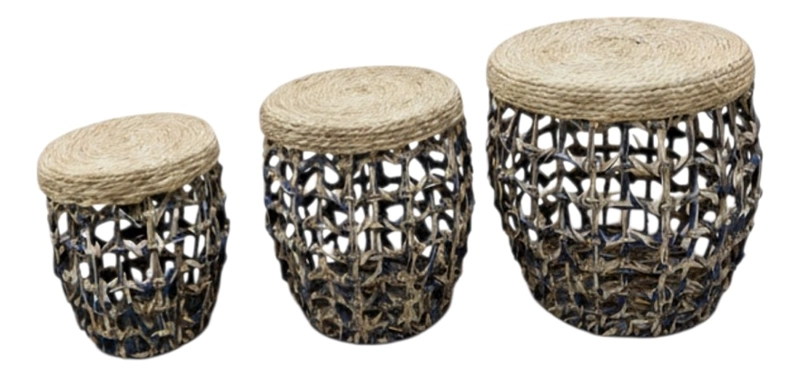 SET 3 TABURETES AUXILIARES DECORATIVOS ESTILO NATURAL JHN - 3