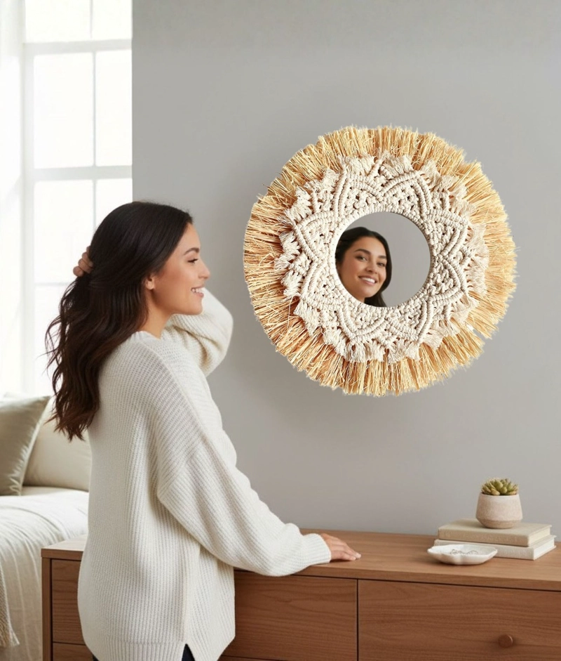 ESPEJO DECORATIVO ESTILO BOHEMIO TEJIDO ADORNO PARED JHN - 4