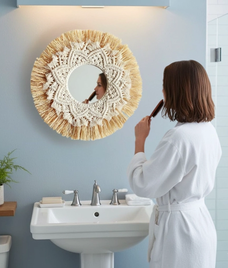 ESPEJO DECORATIVO ESTILO BOHEMIO TEJIDO ADORNO PARED JHN - 5
