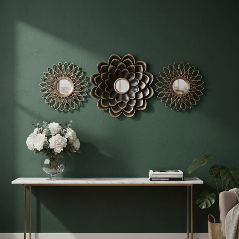 ESPEJO PARED FLORAL CONJUNTO DECORATIVO 3 PZA HOGAR JHN - 9