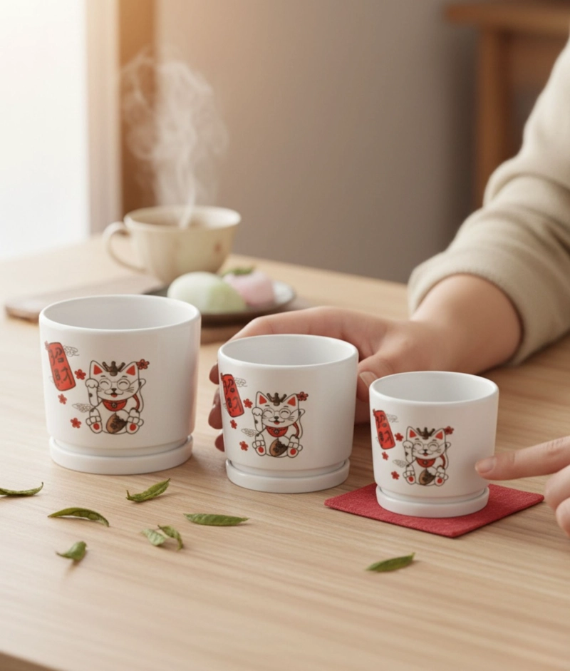SET 3 MACETERO DECORATIVO DISEÑO GATO SUERTE ARMONIA JHN - 2