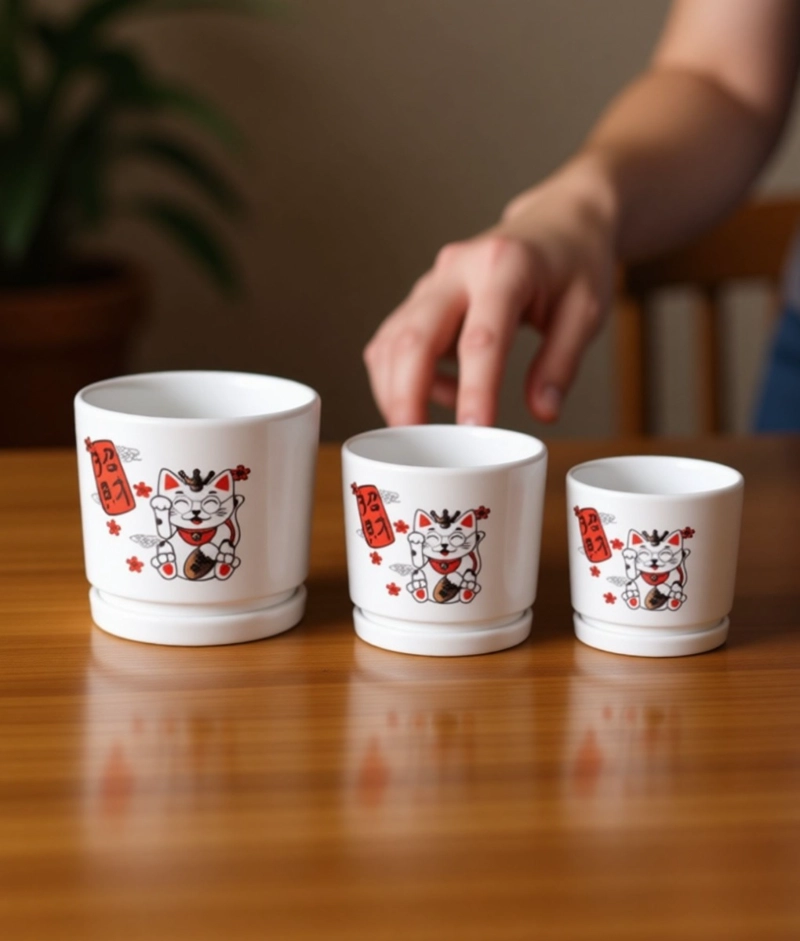SET 3 MACETERO DECORATIVO DISEÑO GATO SUERTE ARMONIA JHN - 3