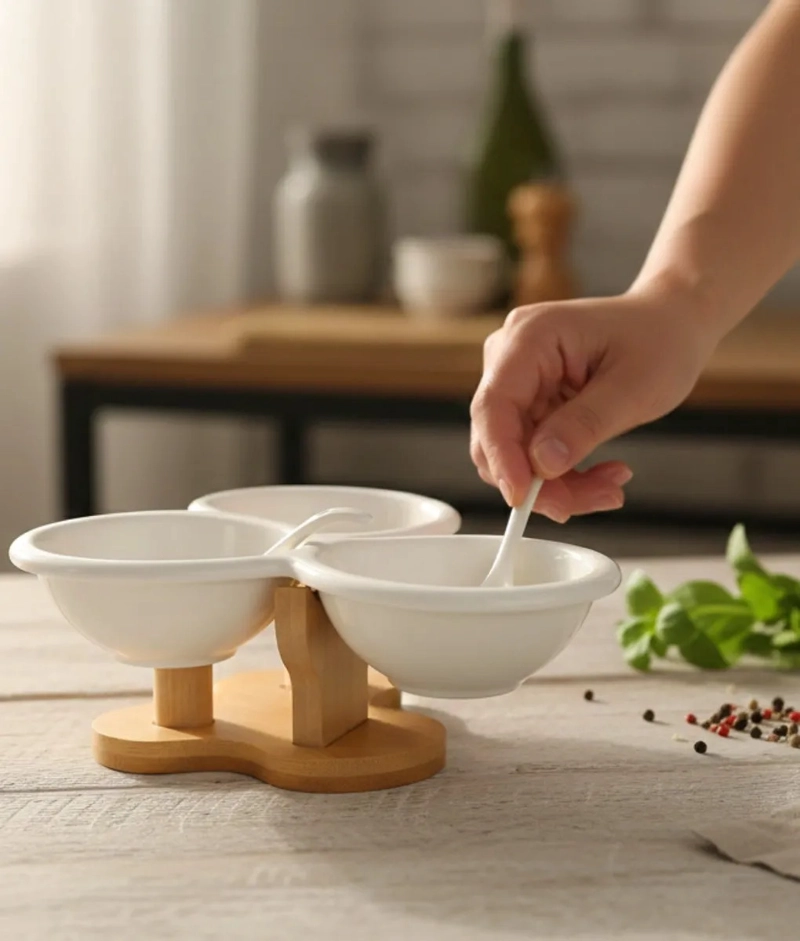 SALSERO DECORATIVO MINIMALISTA TRIPLE ENVASE BASE BAMBU JHN - 8